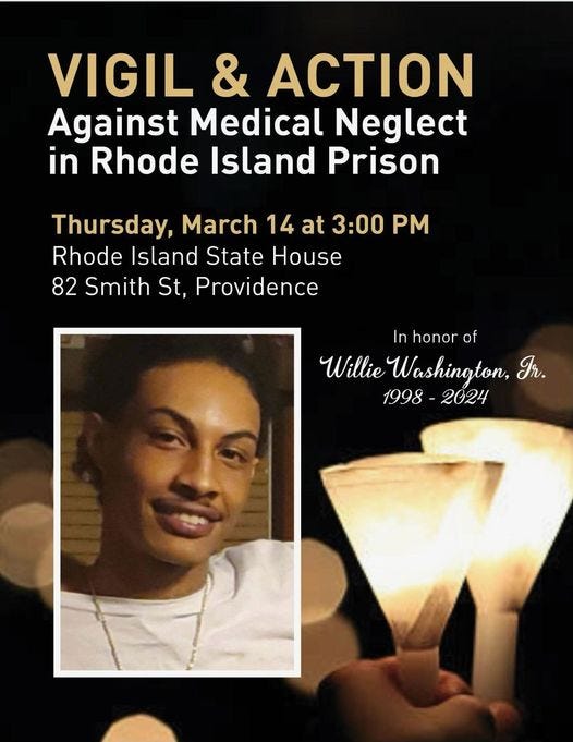 Flyer for the Vigil & Action, showing date, time, and address, and "In honor of Willie Washington, Jr., 1998-2024". Photo of Willie Washington in front of an image of hands holding candles