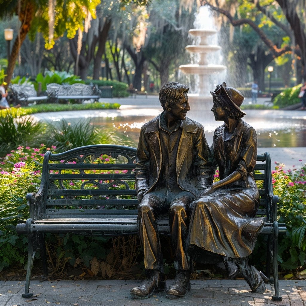 Bronze shiny patina texture sculptures of a man and a woman in a public park, sitting on a bench, fountain in background. vivid depictions. --v 6.0