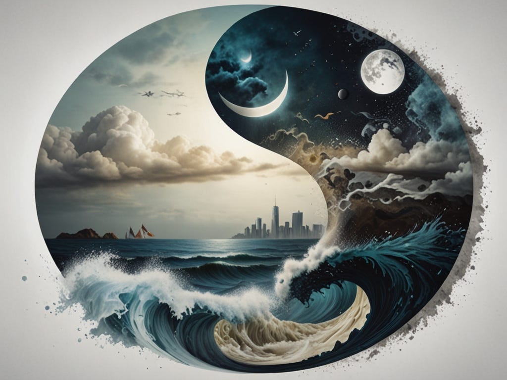 An artistic representation of the yin-yang symbol, but with elements that depict modern life’s challenges and stability. One half could show chaotic elements like waves, storms, or abstract confusion, while the other half represents order with calm landscapes, structured lines, or a serene cityscape.