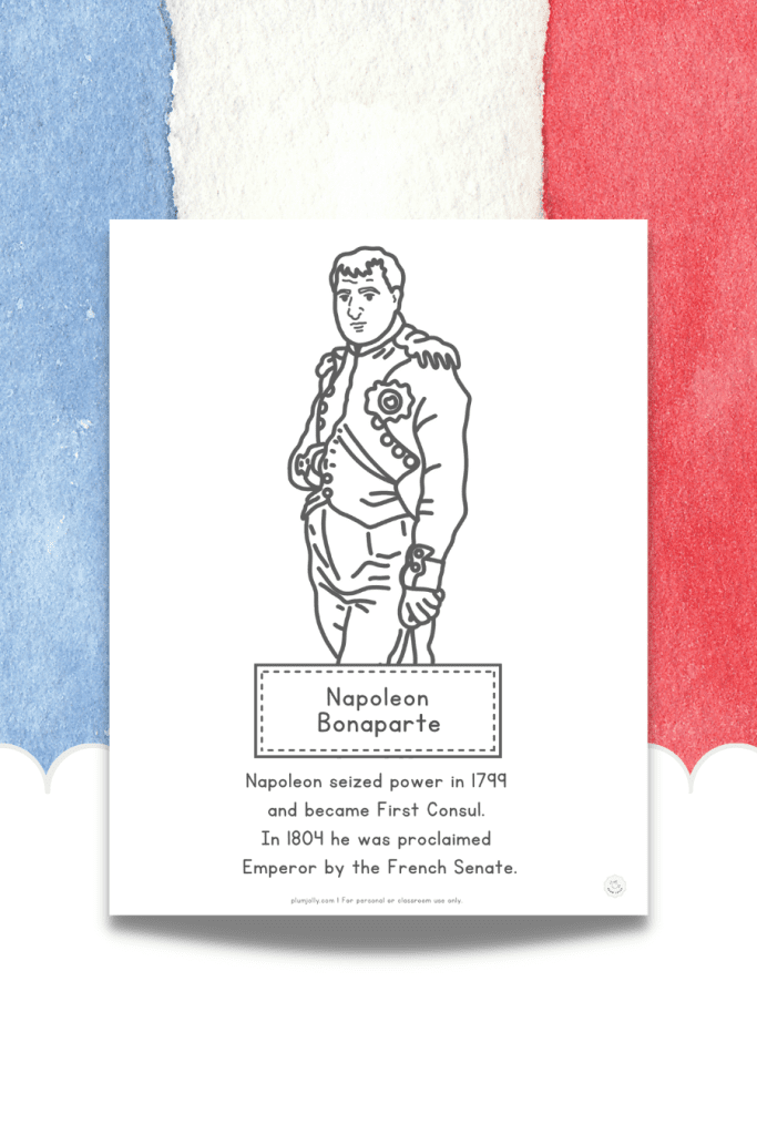 A Napoleon Bonaparte coloring page is pictured, along with a brief description.