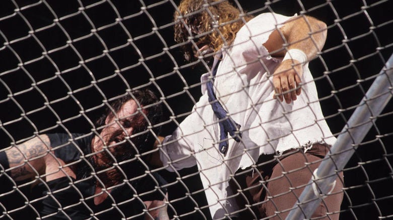 Mankind and the Undertaker on top of the Hell in a Cell