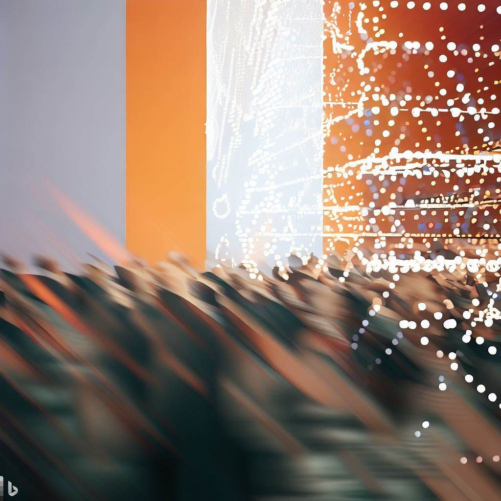 abstract image of crowd of energetic dots with dynamic movement entering an orange building, as seen from a far away window