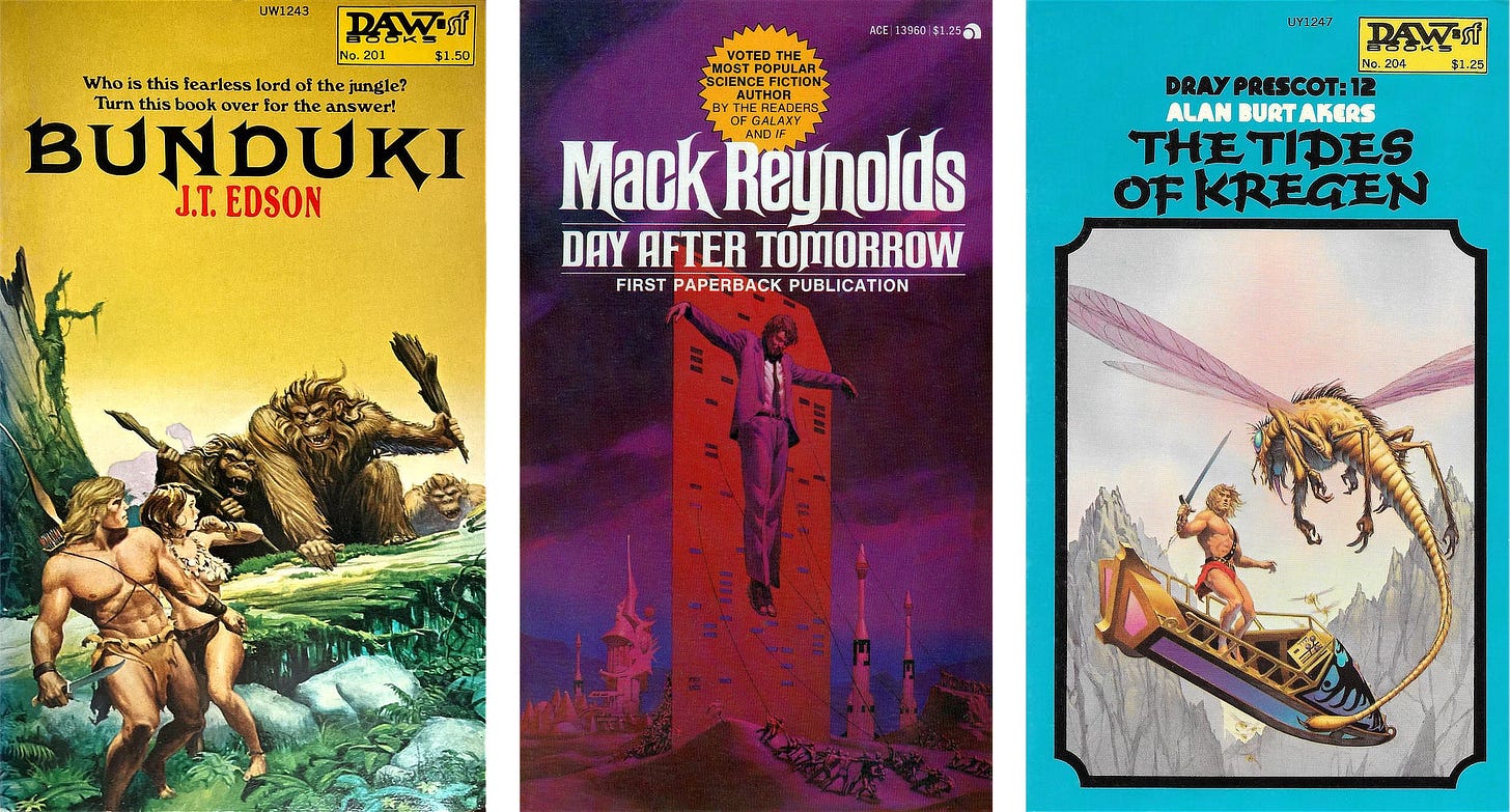 Three paperback covers side by side (left to right): BUNDUKI by J.T. Edson, DAY AFTER TOMORROW by Mack Reynolds, and THE TIDES OF KREGEN by Alan Burt Akers.