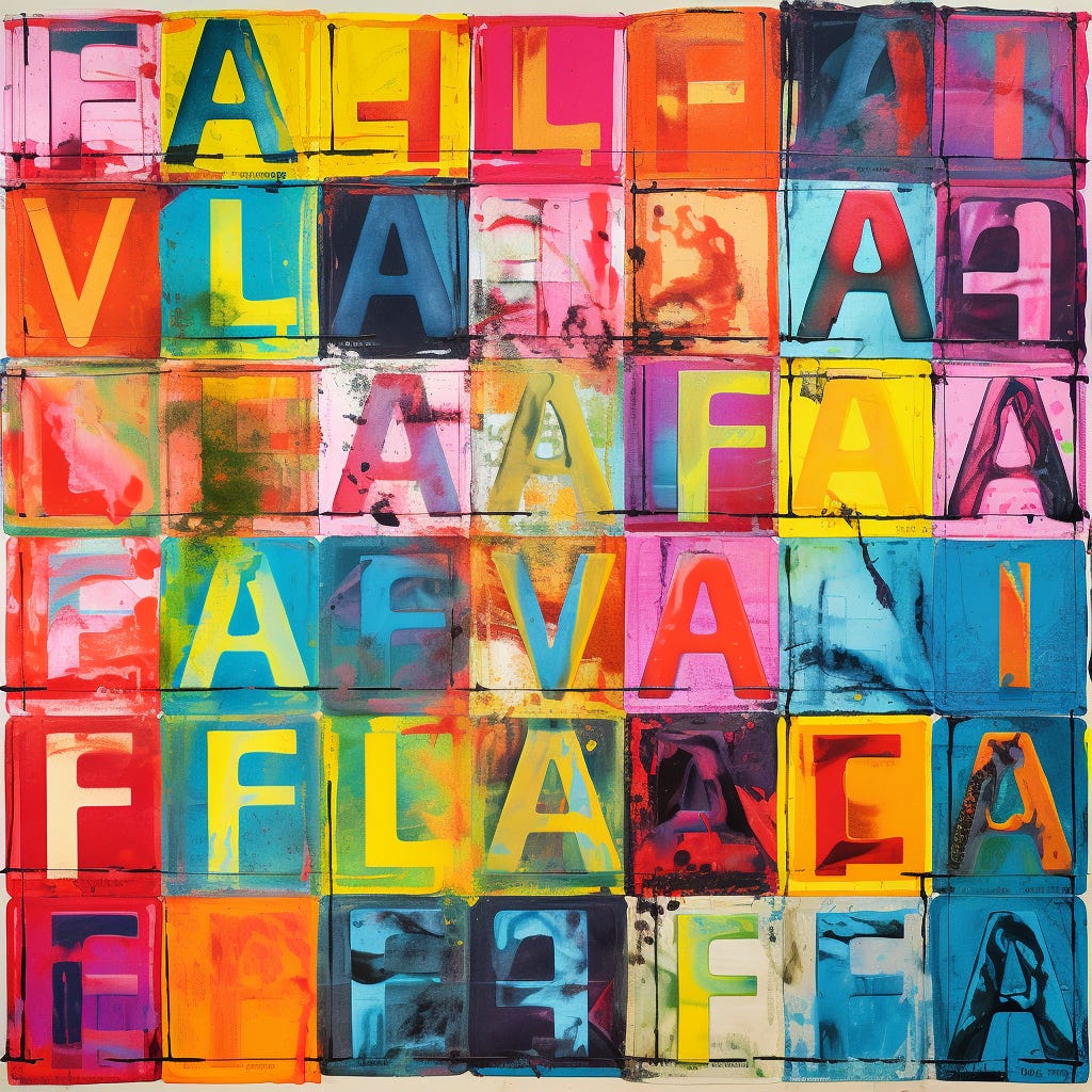 Letters in various bright colors in vertical rows