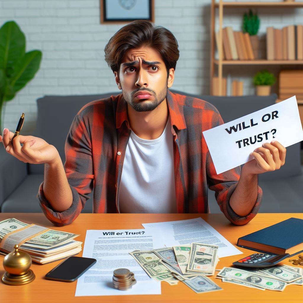 An Indian man confused about deciding to create a will and trust, with a paper on the table titled 'Will or Trust?'