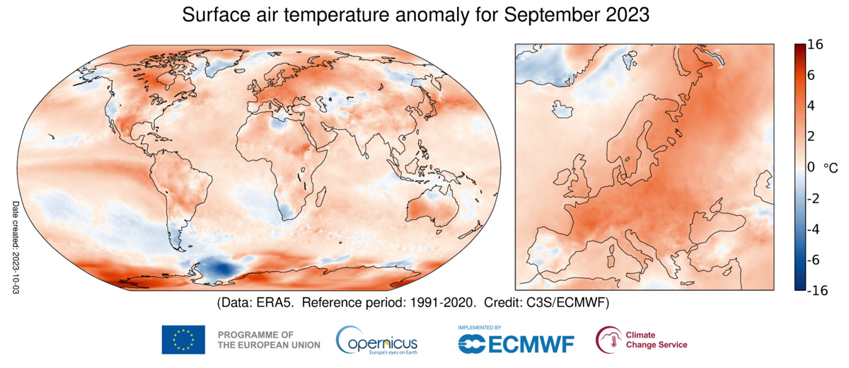 world map in alarming red colors indicating rising surface air temperatures in September 2023