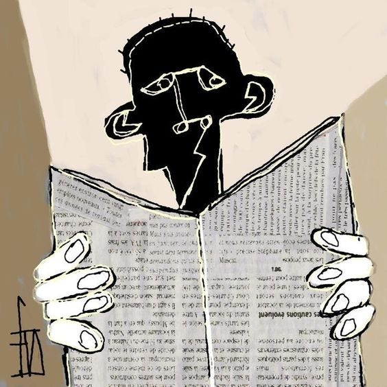 This may contain: a drawing of a man reading a book with his head sticking out of the pages