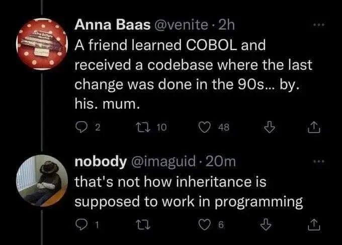 A friend learned COBOL and received a codebase where the last change was done in the 90s... by. his. mum.

that's not how inheritance is supposed to work in programming