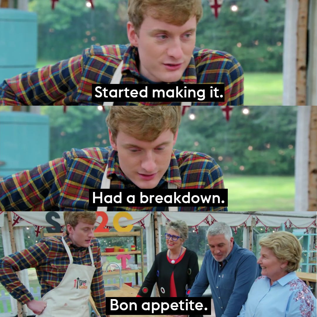 James acaster meme -- three frames featuring a man saying "started making it. had a breakdown, bon appetit." it's directed to three other people