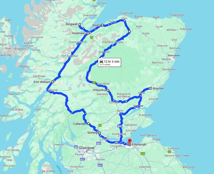 Map of Scotland showing 14 day itinerary driving route