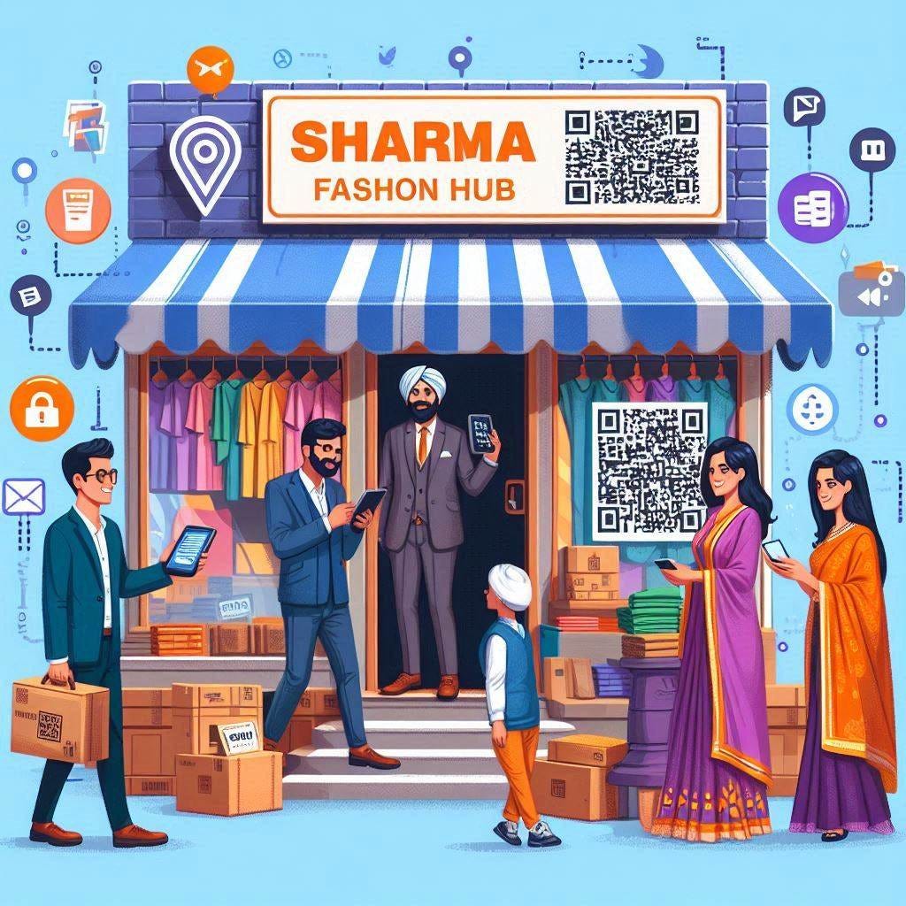 A customer visits "Sharma's Fashion Hub," a local garment shop in Delhi. Usage of QR across multiple touchpoints - on products, packaging, flyers, and social media