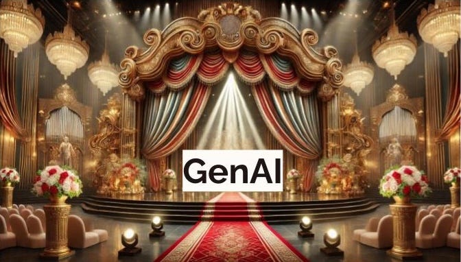 Lavish stage with rich red and gold colors. The text "GenAI" is positioned in large bold letters on the stage.