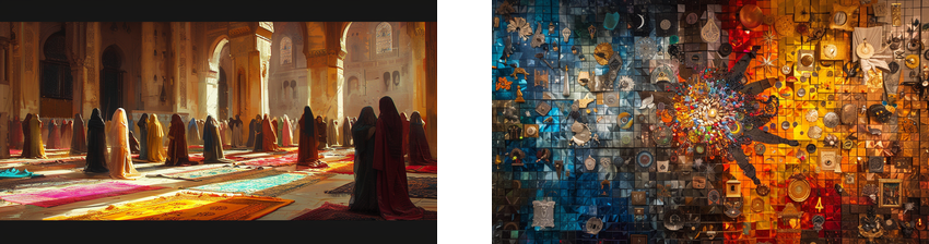 The left side shows a group of women in colorful robes engaged in prayer inside a sunlit mosque, their figures casting long shadows on the patterned carpets. The right side features a vibrant, abstract mosaic artwork composed of various objects and tiles in a multitude of colors, forming an intricate and dynamic pattern.