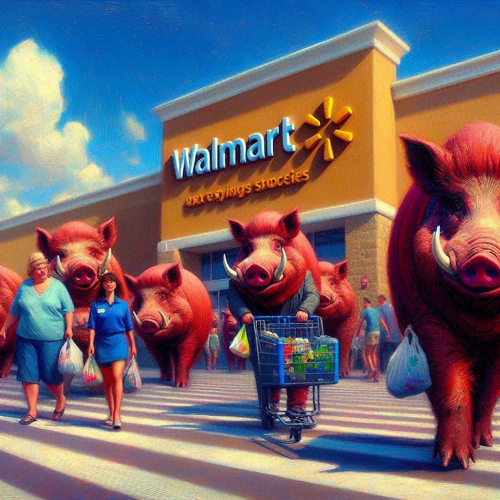 A Walmart in Arkansas with razorback pigs walking in and out of the store carrying groceries, impressionism