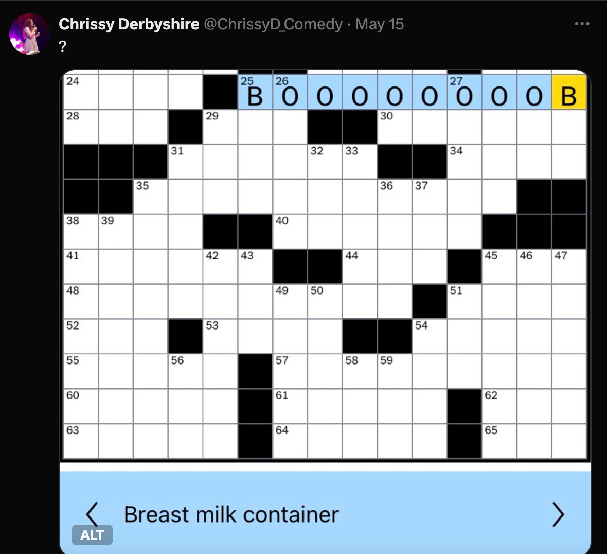 The NYT crossword. The clue is 'Breast milk container'. The answer is 10 letters long, so I've written 'BOOOOOOOOB'.