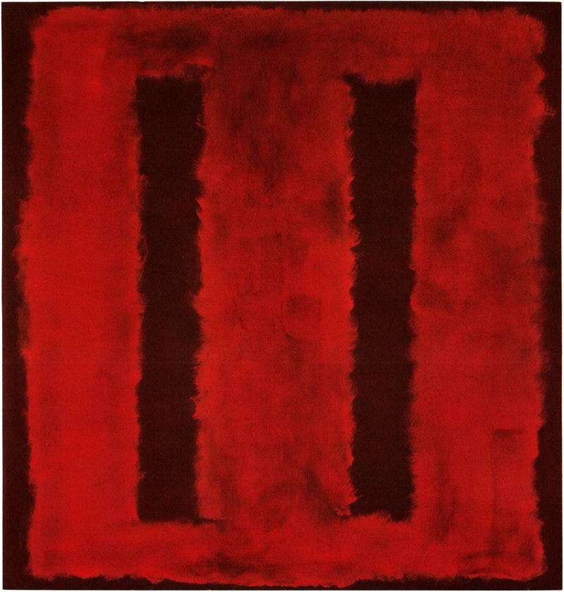 One of Rothko's paintings from the Seagram Murals painted in 1958 a dark red base with two rust verticals running up each side