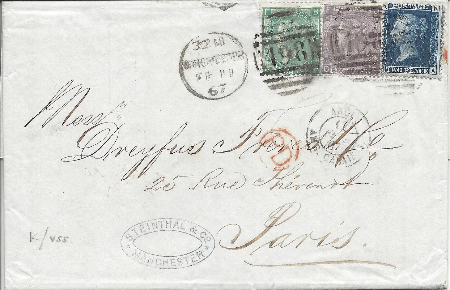 1867 folded letter from Manchester, England to Paris, France