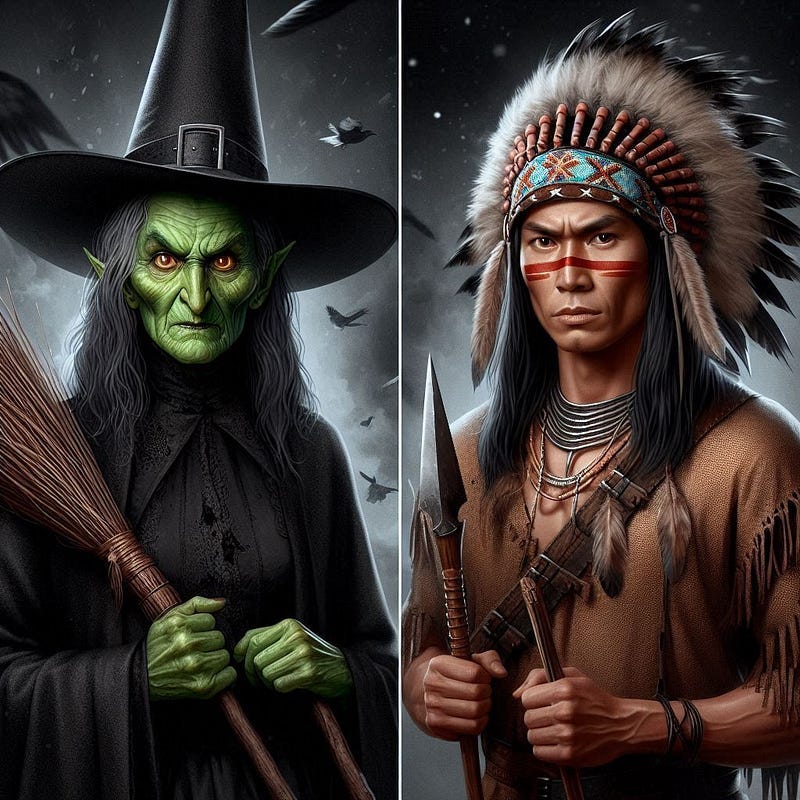 A witch with a green face and green hands wearing a black outfit is holding an old broom. She is standing on the left of the image. On the right hand side of the image there is a young Native American Brave dress in full head gear with classic necklaces holding a spear.
