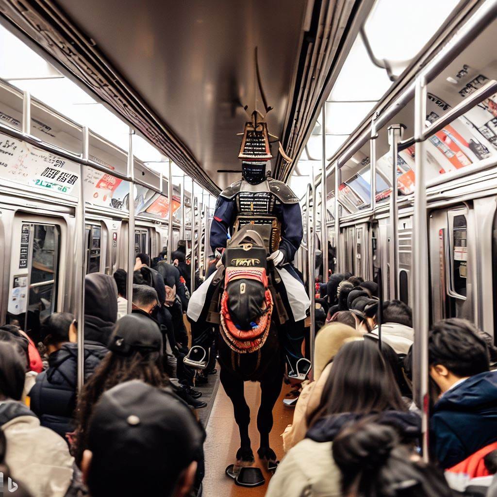 a samurai riding a crowded new york city subway