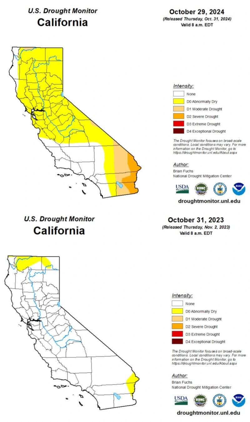 Chart depicting drought conditions in California in Oct 2024 and Oct 2023