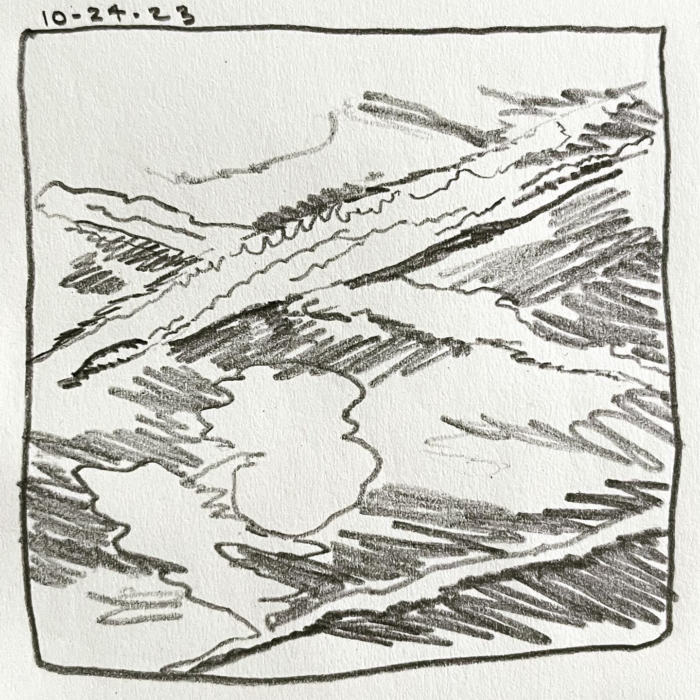 Panel 1: no text Image: fluffy and angular clouds and chemtrails in the sky. Rough pencil lines make crisscrossing patterns. A sense of floating.