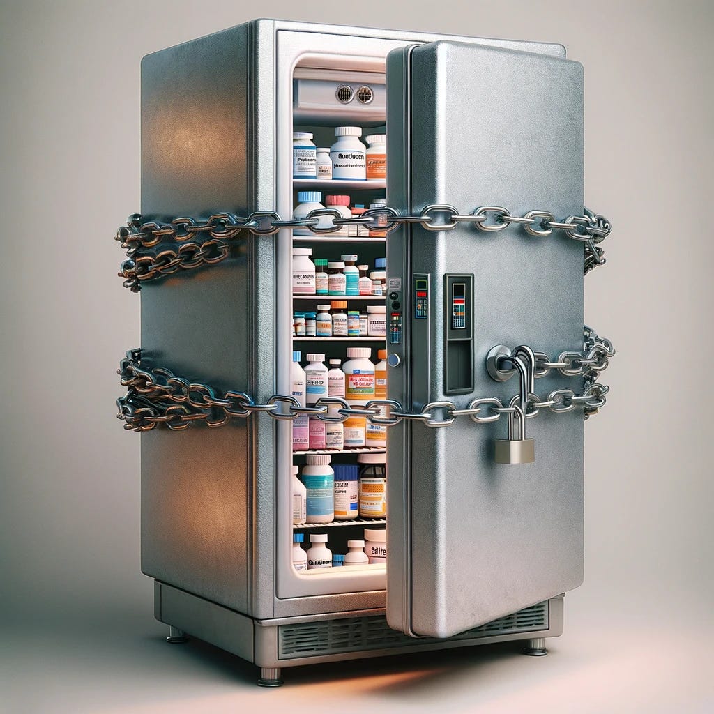 Modify the previous refrigerator image to show the door secured with a couple of chains extending from the handle to the side of the refrigerator, indicating that it is firmly chained shut. The door should still be partially open, allowing a glimpse of the medications and vials inside, but it should be evident that the door cannot be opened further due to the chains. This adjustment emphasizes the security measures in place, with the chains clearly visible and the refrigerator appearing locked. The interior should hint at a variety of pharmaceutical products, reflecting a controlled access environment in a laboratory or pharmacy setting.