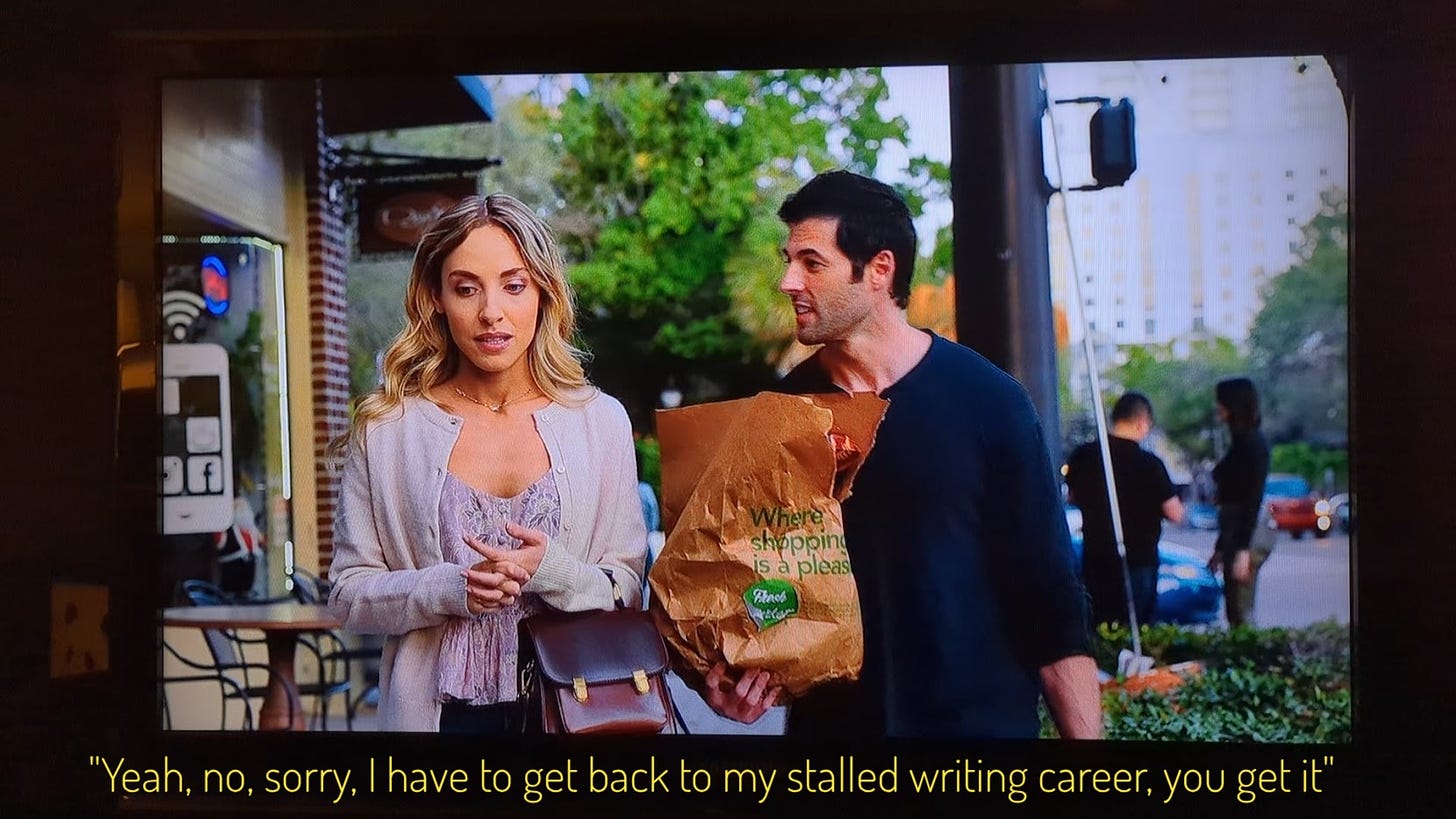 Molly, a thin blonde white woman, and Kyle, a stubbly white guy carrying a bag of groceries, captioned "yeah, no, sorry, I have to get back to my stalled writing career, you get it"