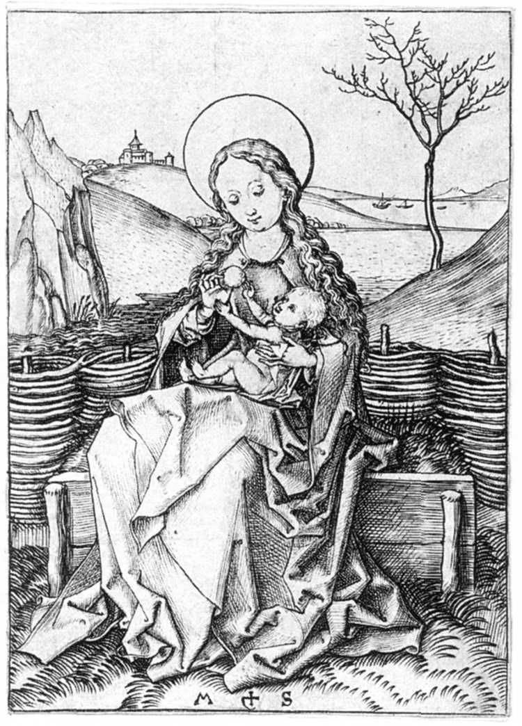 Virgin Mary sitting on a turf bench