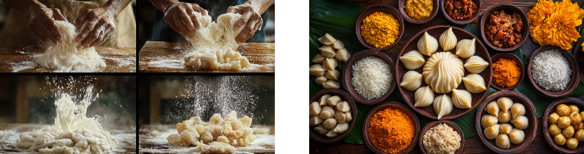 Two-part image: the left side shows a series of hands skillfully kneading and shaping dough, capturing the dynamic process of making modaks with flour dust dramatically flying in the air. The right side displays a beautifully arranged assortment of traditional Indian ingredients and finished modaks, set in wooden bowls with a central focus on the neatly arranged steamed dumplings, surrounded by coconut, spices, and marigold flowers, emphasizing the preparation and celebration of this sacred offering.