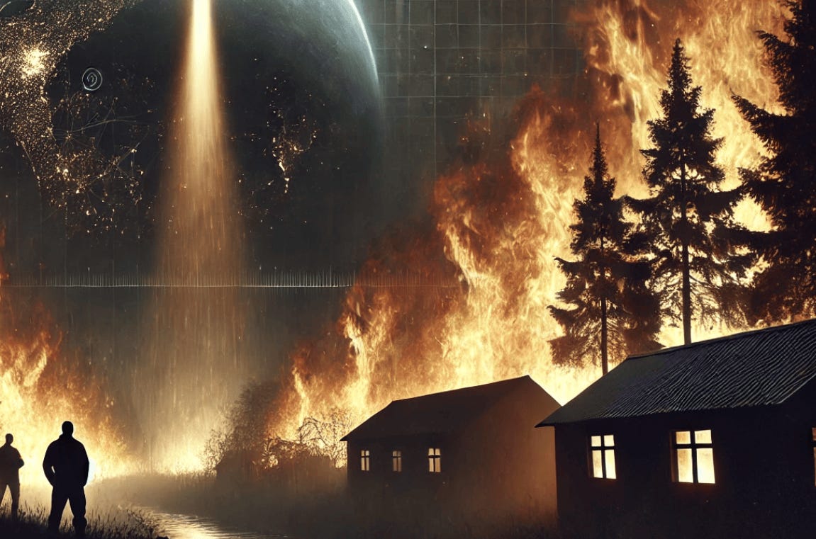 A house on fire with a planet in the background

AI-generated content may be incorrect.