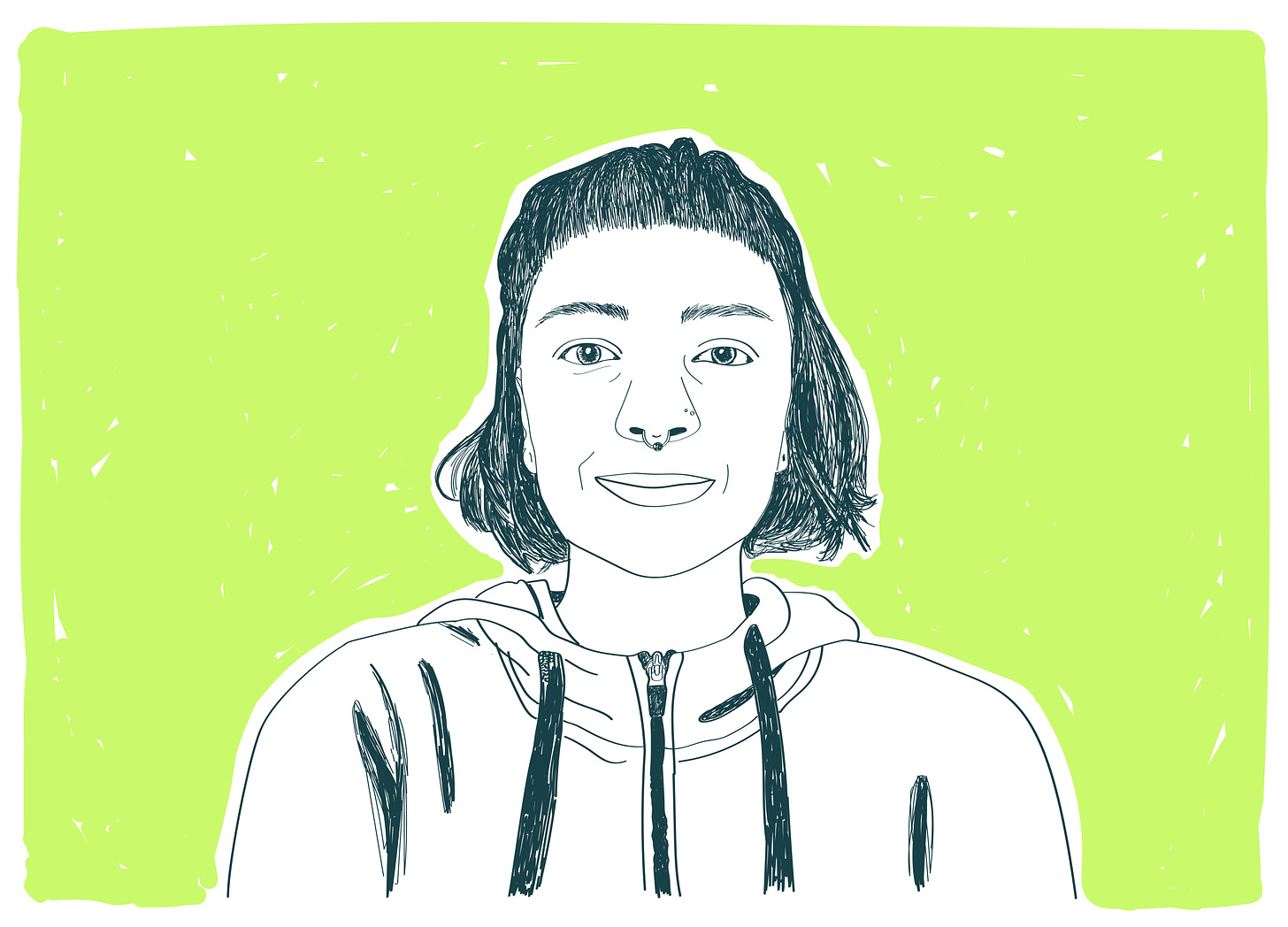 Black and white pencil sketch of Fyn, a white person with chin-length hair and a short fringe with a septum piercing. Fyn is wearing a hoodie. Background is lime green