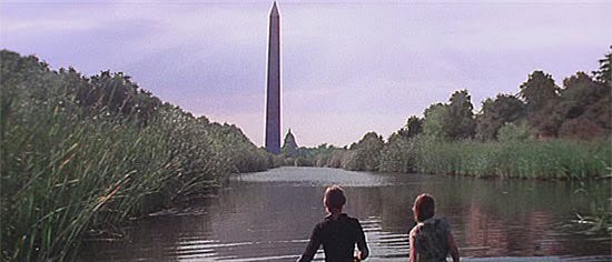 Still from Logan's Run of couple walking through rewilded D.C.