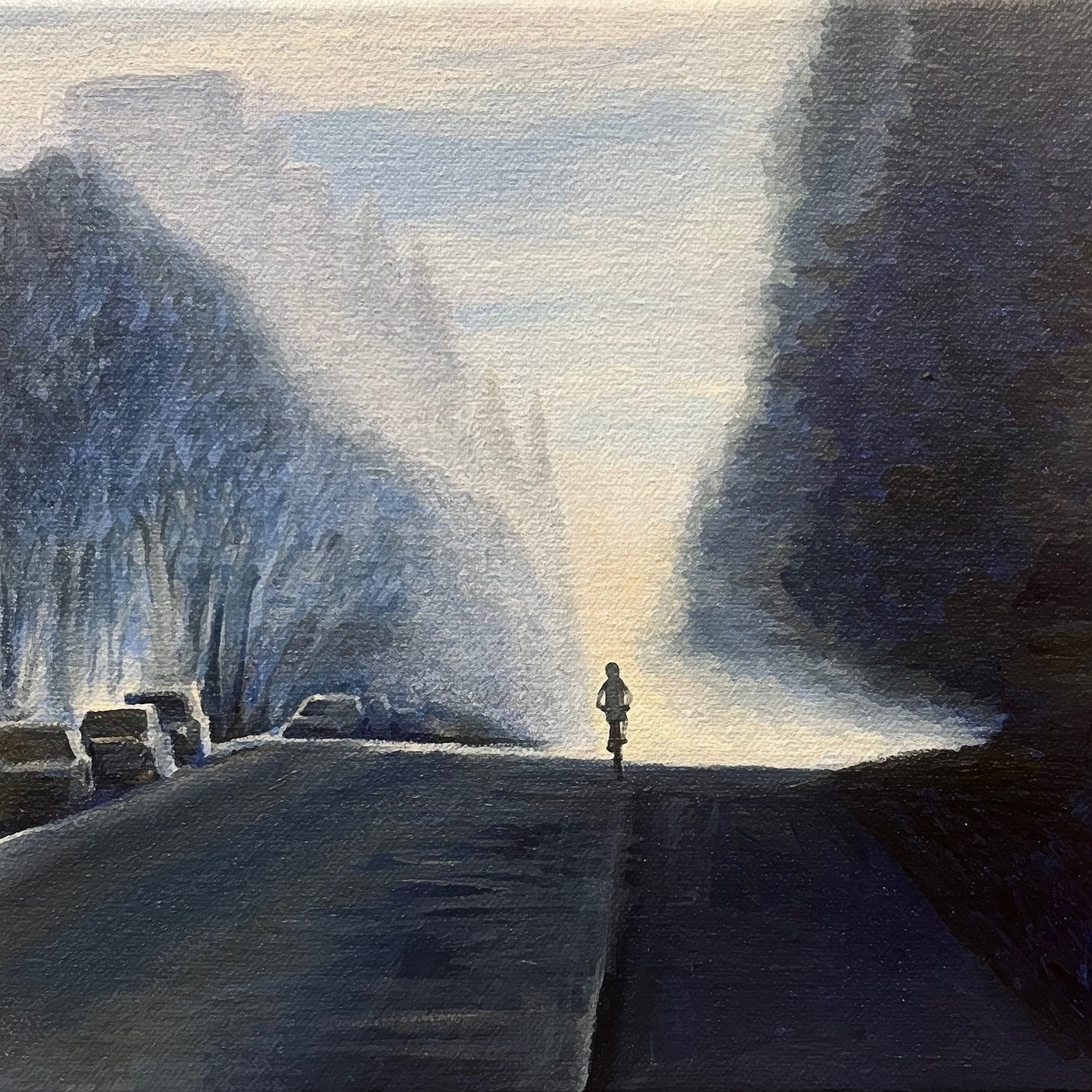 Painting of a cyclist riding away from the viewer down a street on a misty morning. On each side there are indistinct shapes of parked cars and trees that fade off into the distance.