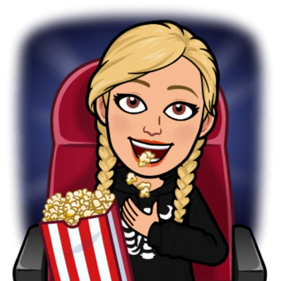 Bitmoji of the author shoving popcorn into her gob while watching the screen with huge, bright eyes.