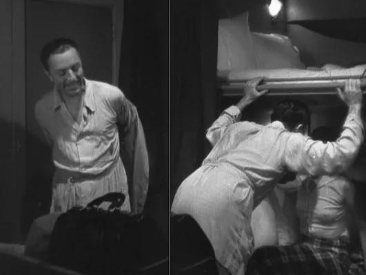 Actor William Powell, playing debonaire gumshoe Nick Charles, is shown in two black-and-white frames from one of the movies in the "Thin Man" series. In the first, he is smiling and seems to be removing his robe. In the second, he appears to be in the process of discovering some possible ne'er-do-wells who had been hiding in what seems to be a train compartment.