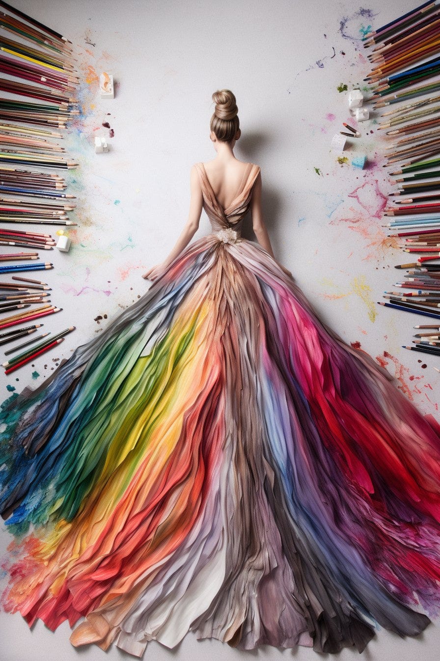 fashion photography couture ball gown made out of watercolored pencils, colorful pencil dress, elegant --ar 2:3 --v 5