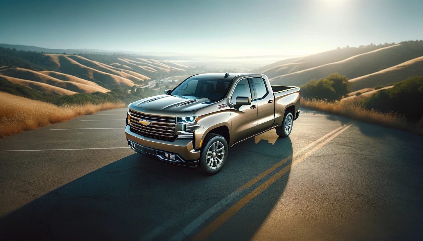 A tan-colored Chevrolet Silverado truck parked outdoors. The truck is modern, with a sleek design and shiny surface reflecting the surroundings. The background showcases a scenic landscape with rolling hills and a clear blue sky. The perspective is slightly elevated to emphasize the truck's robust and sturdy appearance. The image is in a widescreen format, ideal for a blog header, with a focus on the truck while still capturing the beauty of the natural environment.