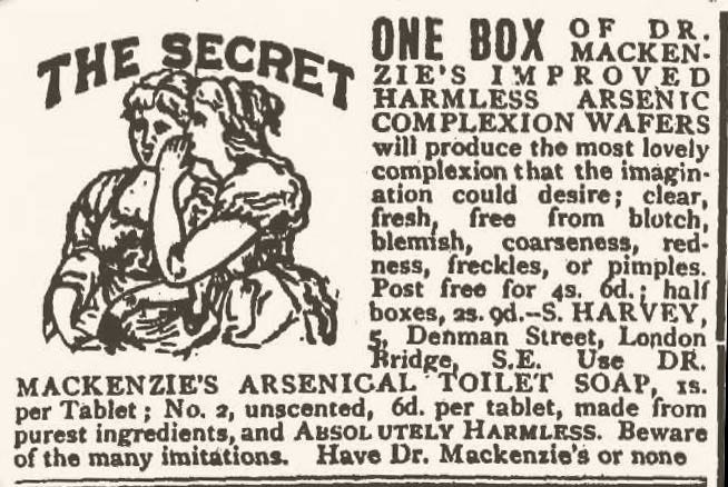 Another advert for Dr MacKenzie's Wafers, this time including a drawing of a young woman whispering in the ear of another young woman. Above the picture is the phrase 'The Secret'.
