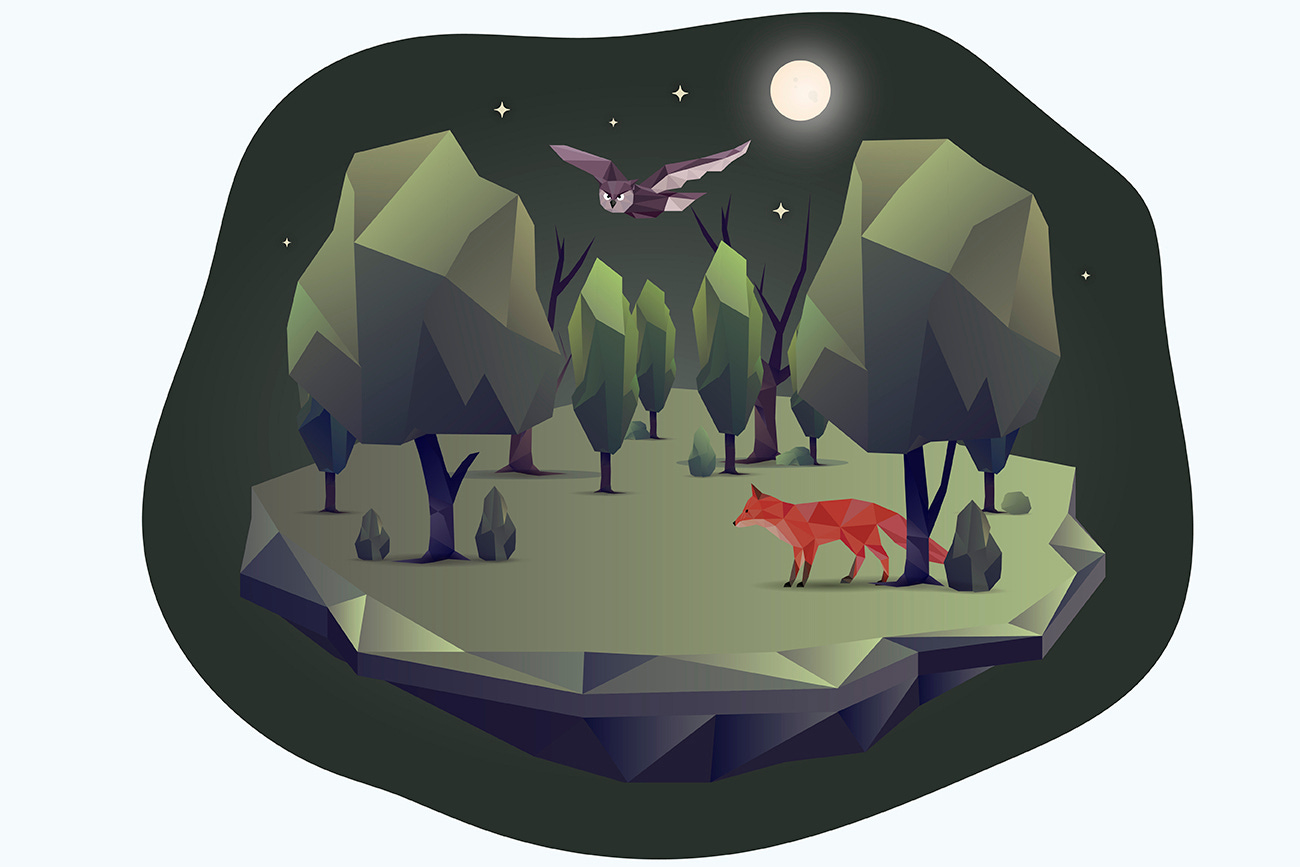 A "low poly" forest that features trees, and owl, a fox, and a full moon. It looks like something from a video game.