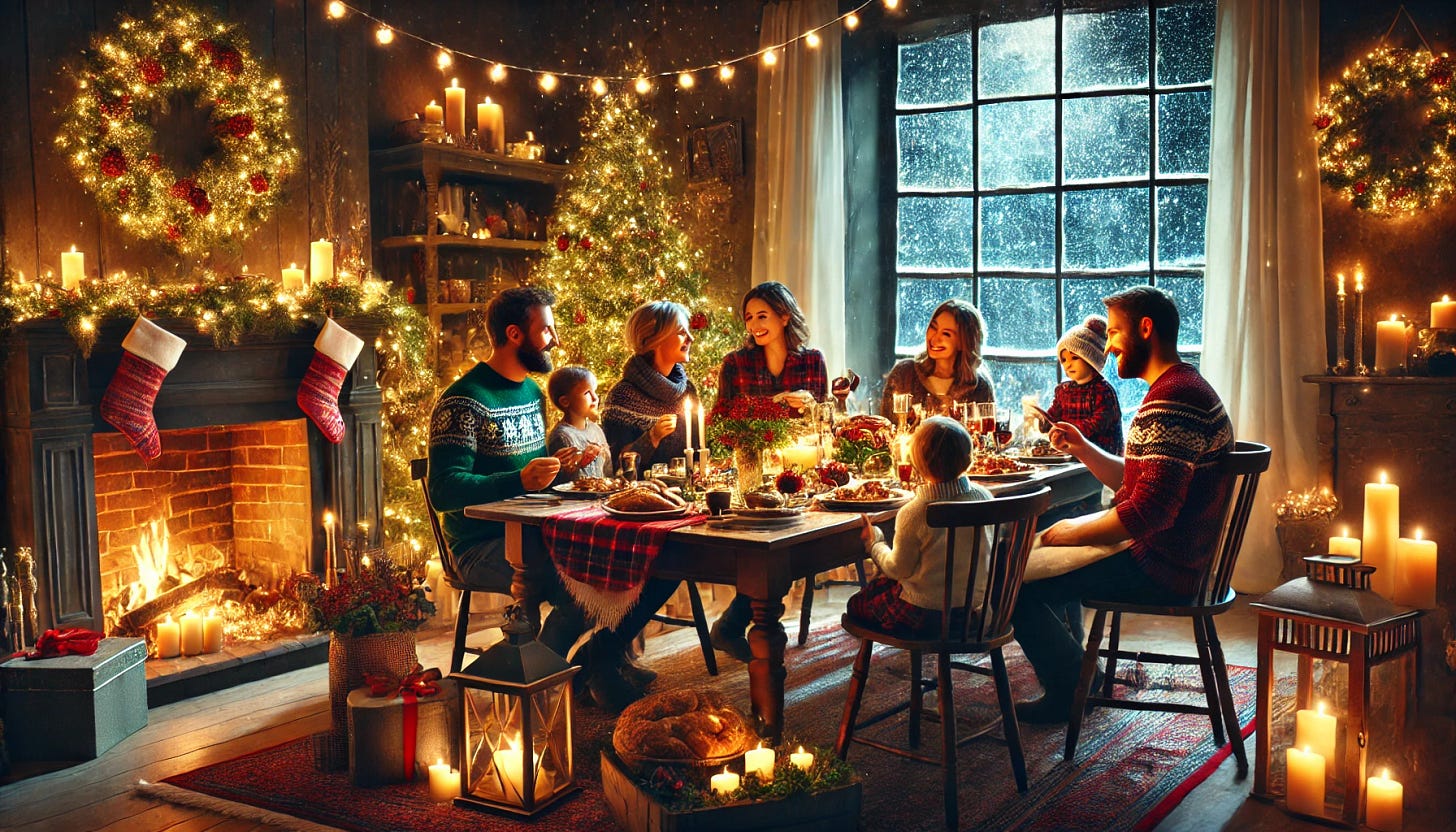 A traditional family gathered around a beautifully decorated Christmas Eve dinner table. The setting features glowing string lights, a crackling fireplace, and a Christmas tree adorned with ornaments and lights in the background. The family members are engaged in warm conversation and laughter, sharing a festive meal together. Outside the window, snow gently falls, adding to the holiday ambiance. The scene emphasizes connection, tradition, and the joy of togetherness during the holiday season, with no text or captions included.