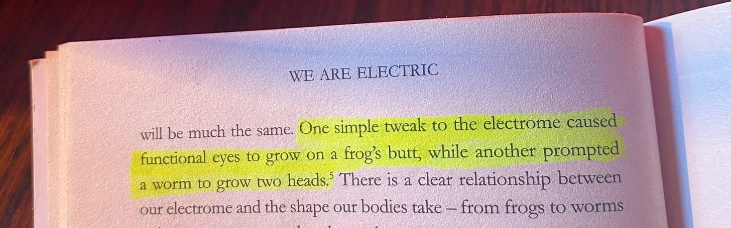 Ist möglicherweise ein Bild von Lernen und Text „WE ARE ELECTRIC will much the same. One simple tweak to the electrome caused functional eyes to grow on a frog's butt, while another prompted a worm to grow two heads.5 There 1S a clear relationship between from frogs to worms our electrome and the shape our bodies take“