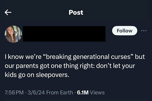 A screen grab from twitter of a user saying that kids should not be allowed to go on sleepovers