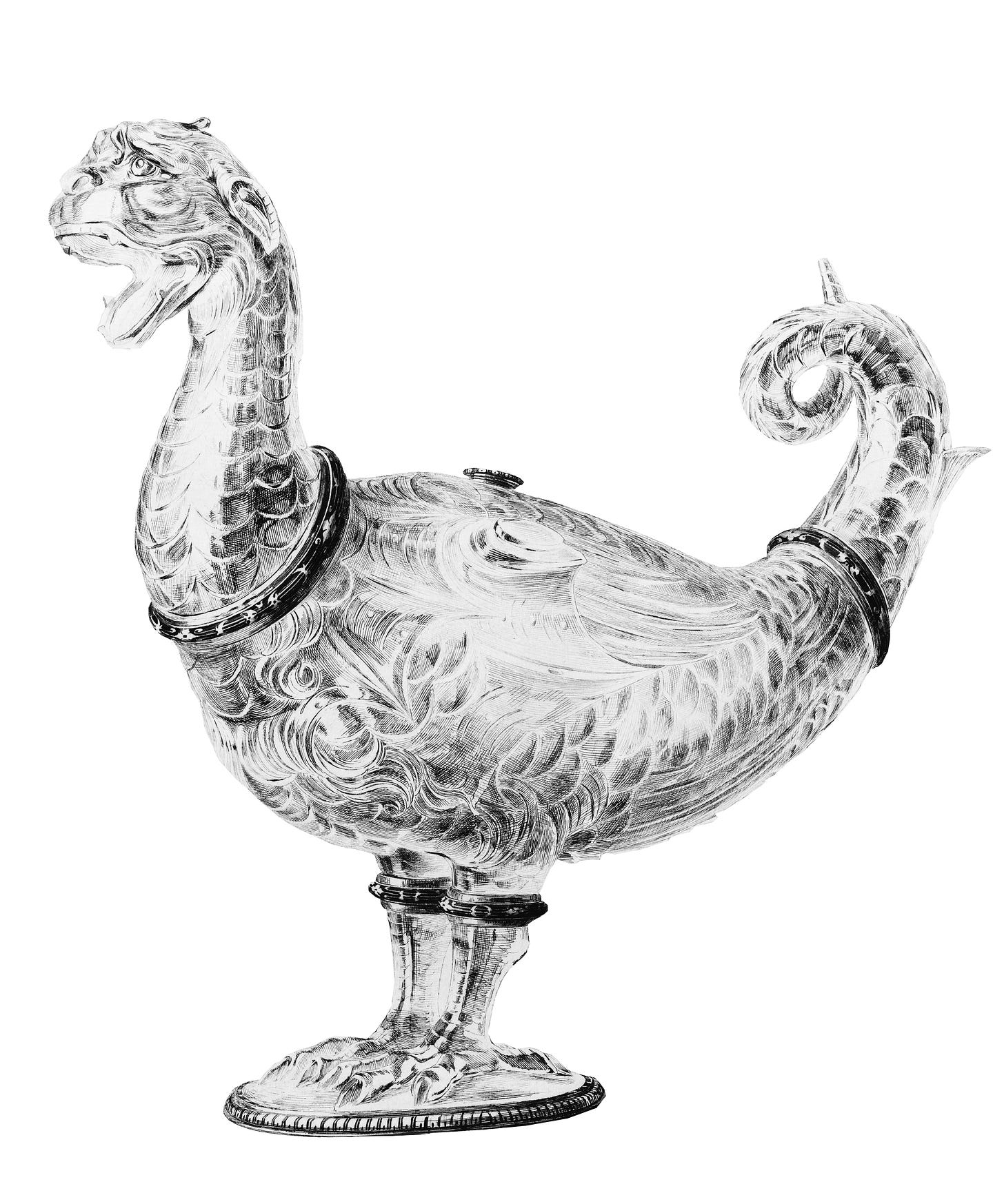 Black and white illustration of a crystal ewer shaped like a dog headed bird.
