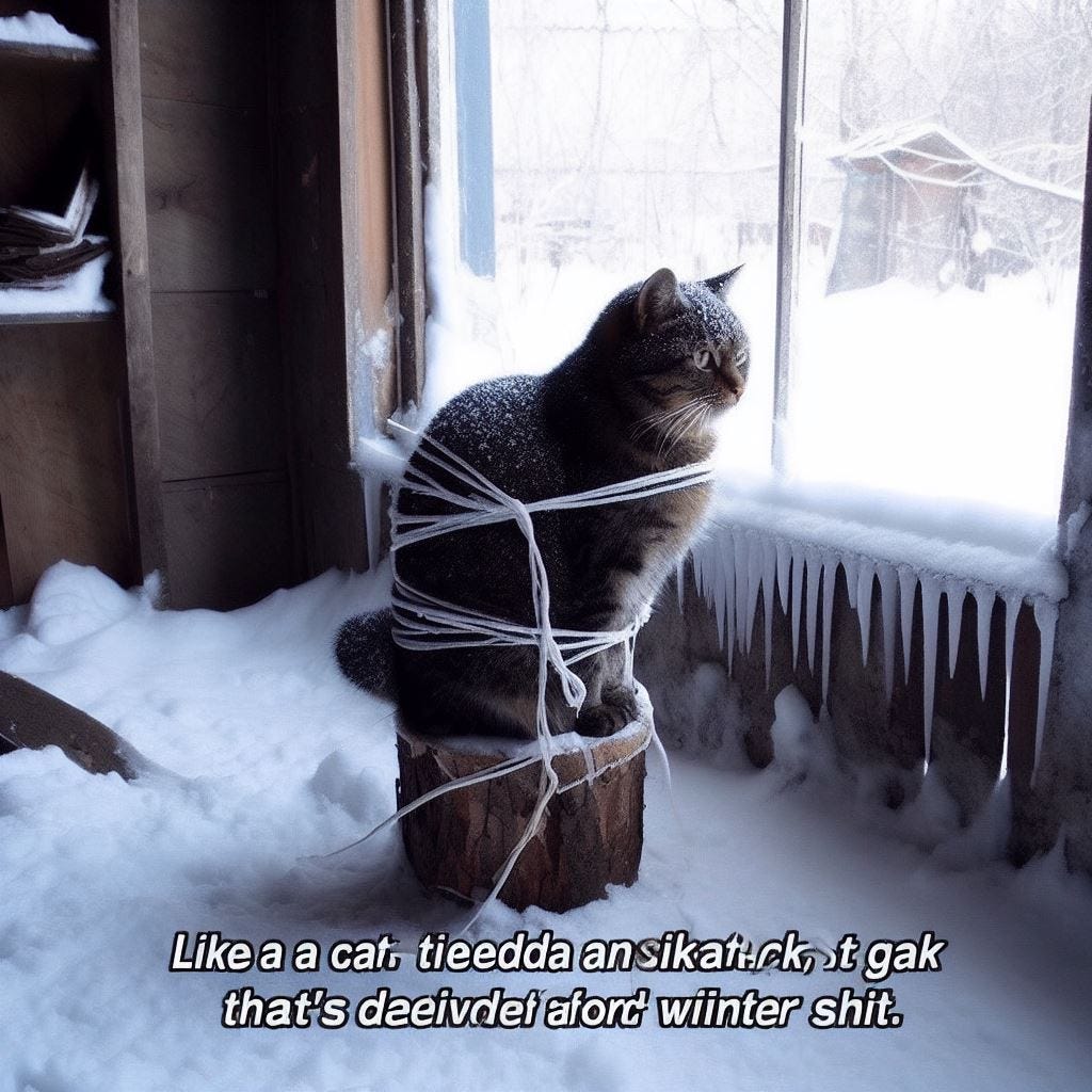 Like a cat tied to a stick that's driven into frozen winter shit
