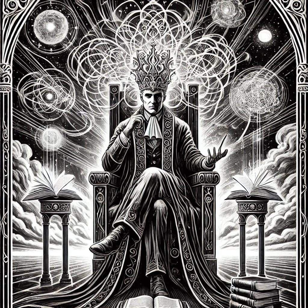 A black and white tarot card illustration titled 'Empire of the Mind.' The image should depict a powerful figure seated on a grand throne with symbols of intellect like books, quills, and glowing orbs floating around. The figure wears a crown made of intertwined thoughts or abstract lines. The background shows a vast, ethereal landscape resembling a starry sky or swirling clouds to represent a mind's endless possibilities. The card's style is intricate, with ornate borders and mystical, dreamlike elements. The figure exudes wisdom and mental dominance.