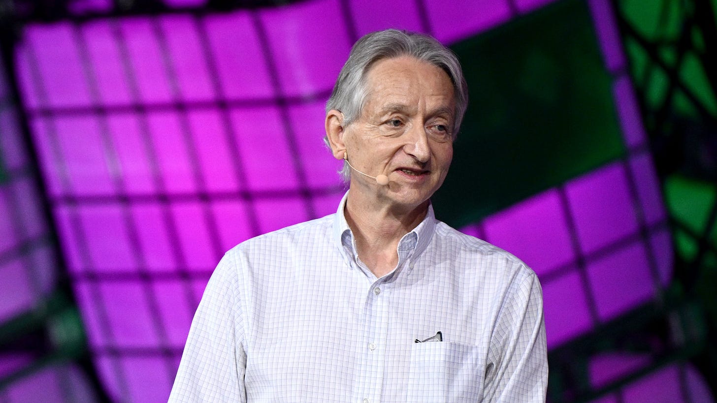 Geoffrey Hinton in front of a purple and green background