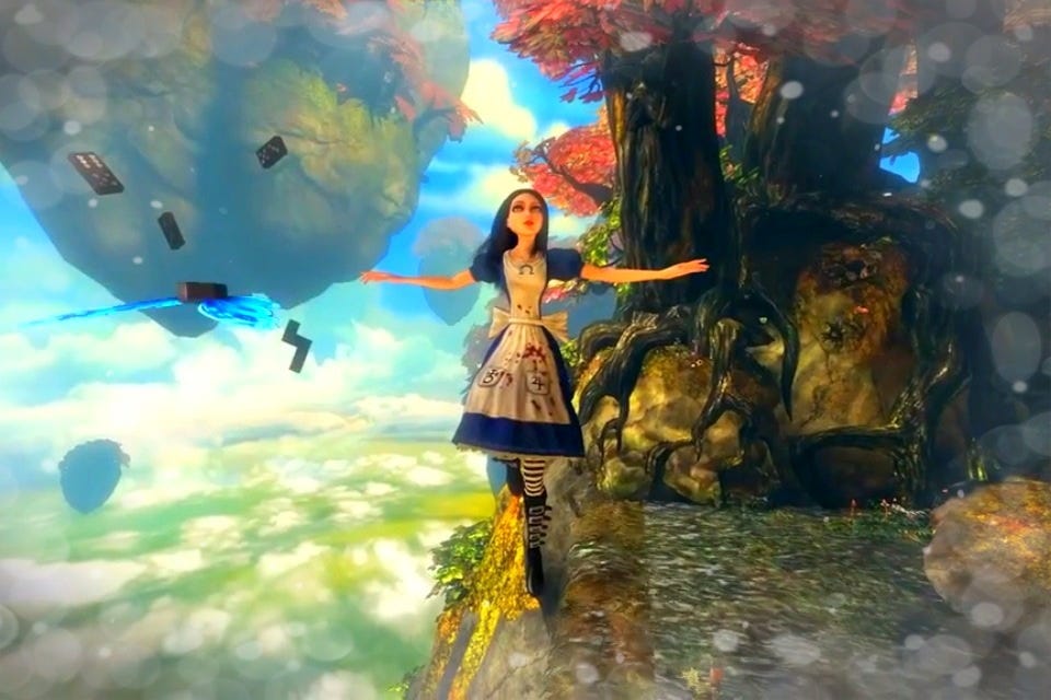 A piece of promotional art for Alice: Madness Returns, showing her in her "classic" blue dress and apron, descending into a Wonderland that is currently in balance - the Veil of Tears. She looks delighted and serene.