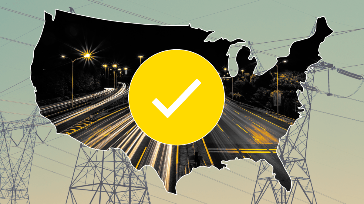 An illustration with the outline of the united states over a photo of power lines. There is a yellow check mark in the middle.