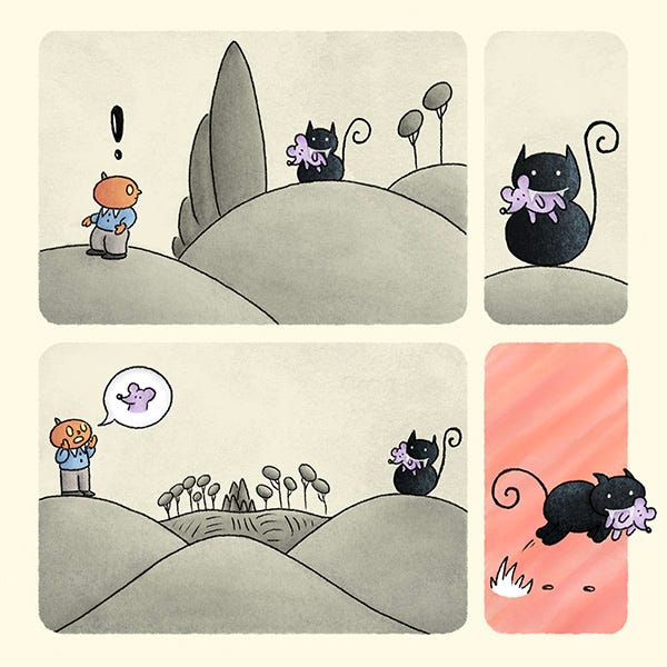 A kid with a pumpkin head stands on a hill searching for something. They turn and have an exclamation point over their head. On a hill in the close distance is a black cat with a stuffed purple mouse in its mouth. The pumpkin head shouts for the stuffed mouse. The cat hops away down the hill and the pumpkin head kid runs after it.