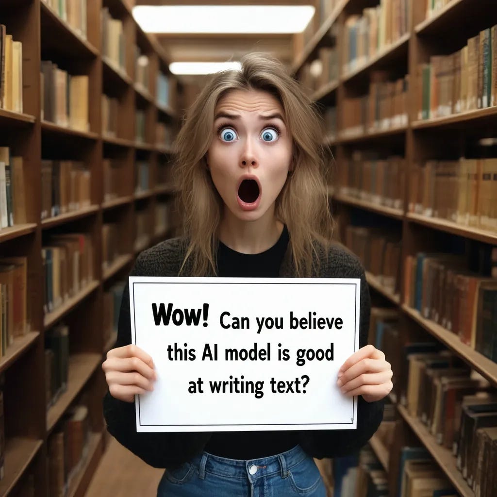 A woman with a shocked expression stands in the middle of a library. She's holding a sign that says "Wow! Can you believe this AI model is so good at writing text?” by Stable Diffusion